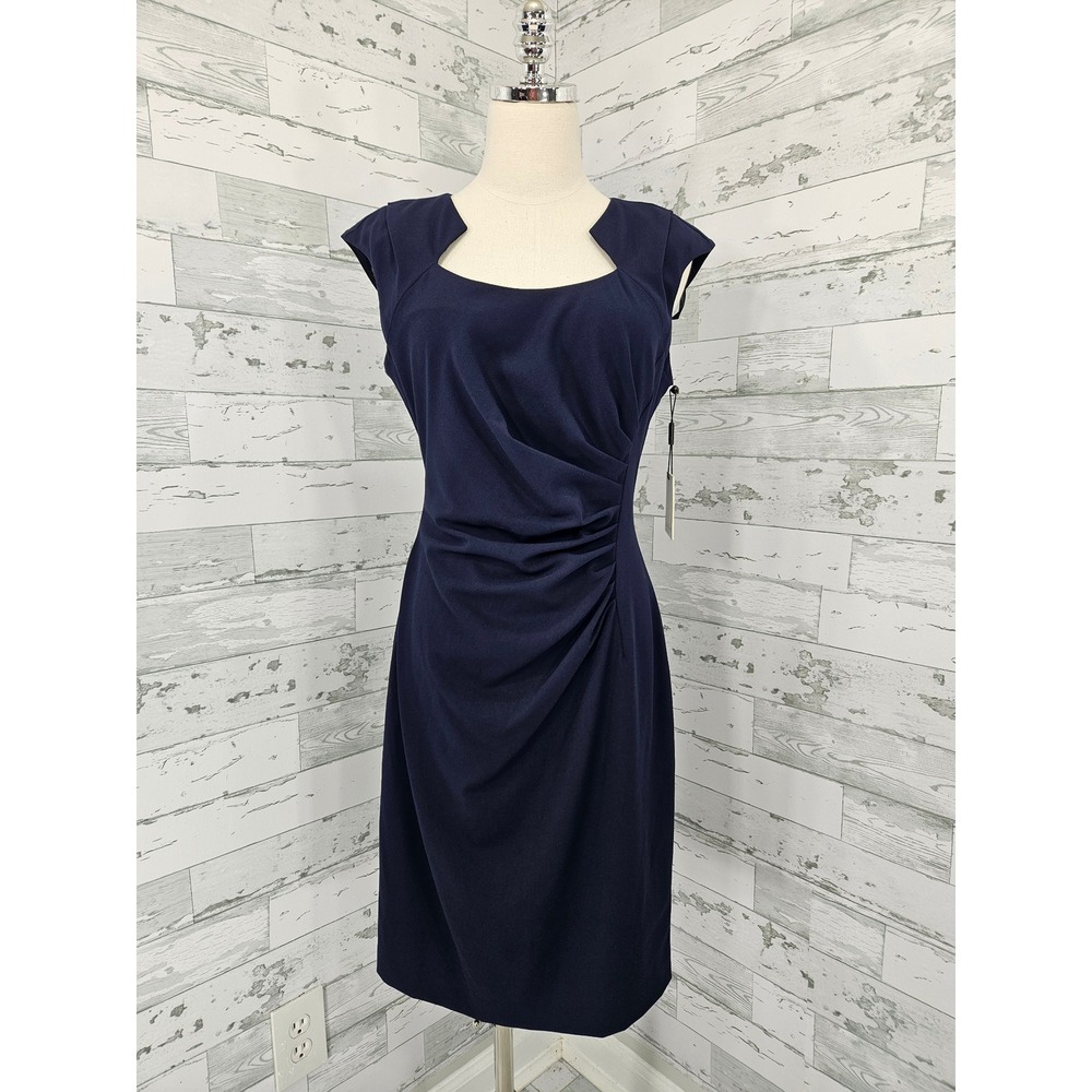 Calvin Klein Navy Blue Ruched Sheath Dress Size 8